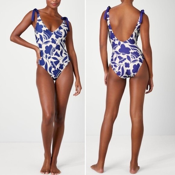 NWT Kate Spade Zigzag Floral Bow-Strap V-neck One-Piece Swimsuit Size Medium NEW - Picture 1 of 14
